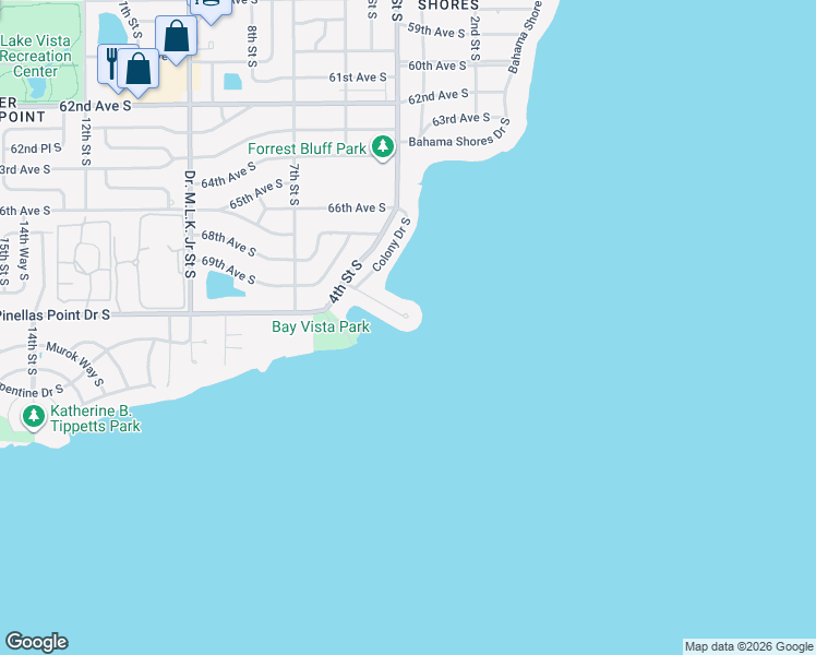 map of restaurants, bars, coffee shops, grocery stores, and more near 218 Colony Point Road South in St. Petersburg