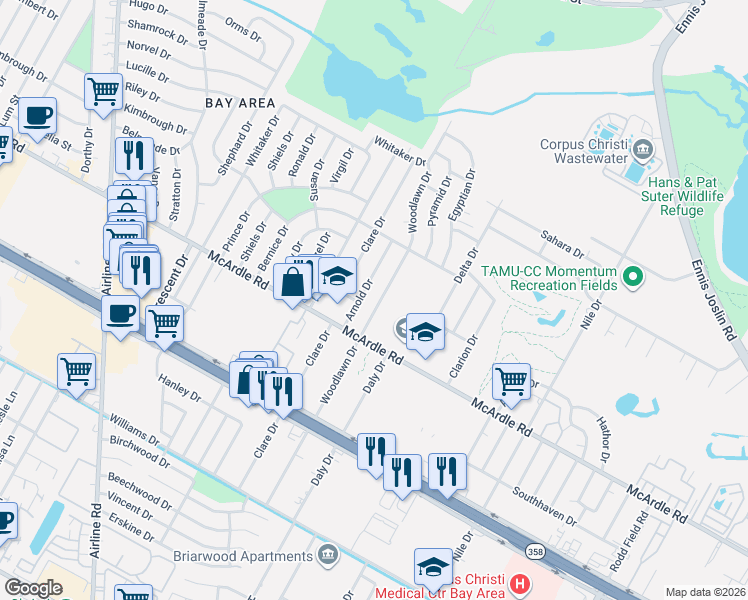 map of restaurants, bars, coffee shops, grocery stores, and more near 1142 Arnold Drive in Corpus Christi