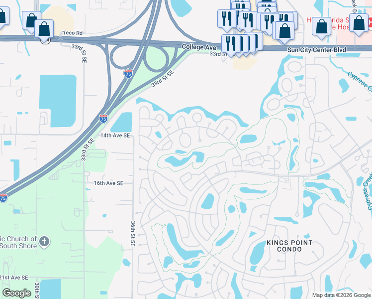 map of restaurants, bars, coffee shops, grocery stores, and more near 2125 Hailstone Circle in Sun City Center