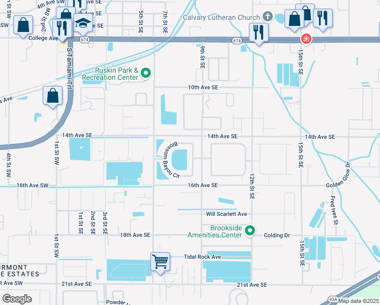 map of restaurants, bars, coffee shops, grocery stores, and more near 1444 Blossom Bayou Circle in Ruskin