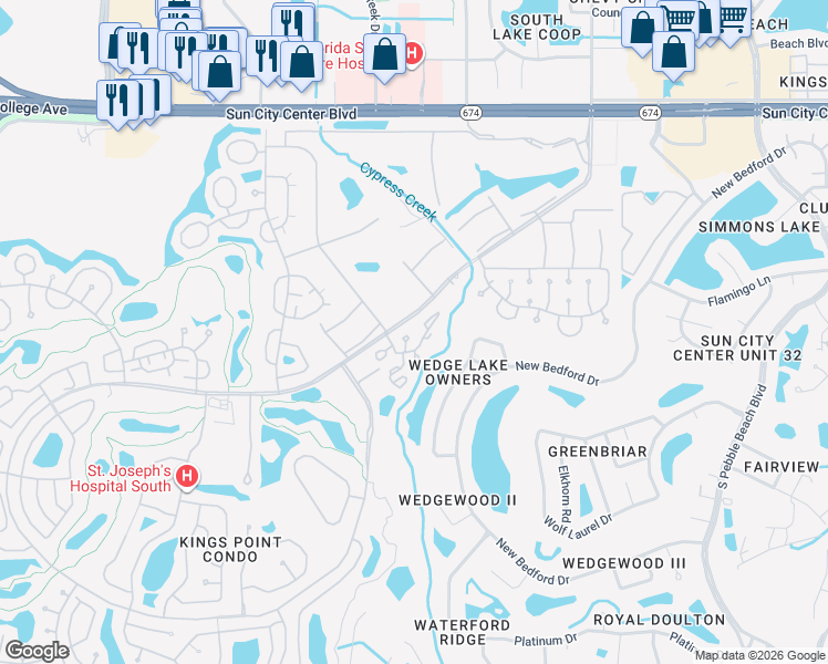 map of restaurants, bars, coffee shops, grocery stores, and more near 112 Knollpoint Drive in Sun City Center
