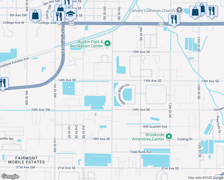 map of restaurants, bars, coffee shops, grocery stores, and more near 1406 Blossom Bayou Circle in Ruskin
