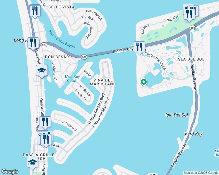 map of restaurants, bars, coffee shops, grocery stores, and more near 2972 East Vina Del Mar Boulevard in St. Pete Beach