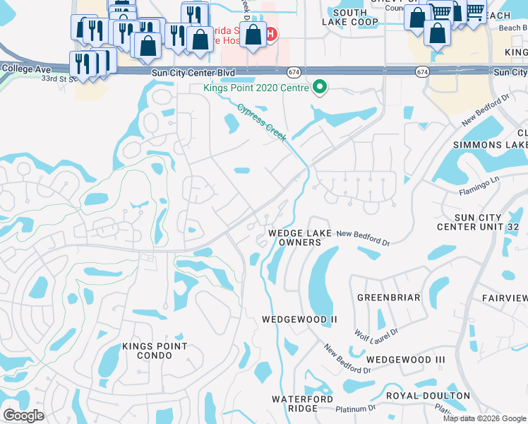 map of restaurants, bars, coffee shops, grocery stores, and more near 303 Kelsey Way in Sun City Center