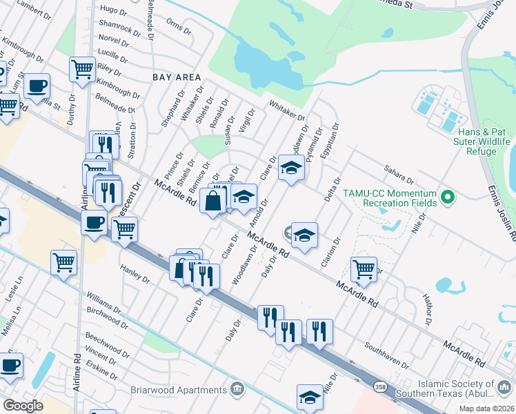 map of restaurants, bars, coffee shops, grocery stores, and more near 1142 Arnold Drive in Corpus Christi