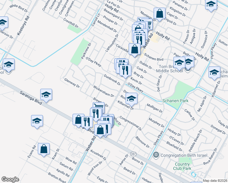 map of restaurants, bars, coffee shops, grocery stores, and more near 3918 Devonshire Drive in Corpus Christi