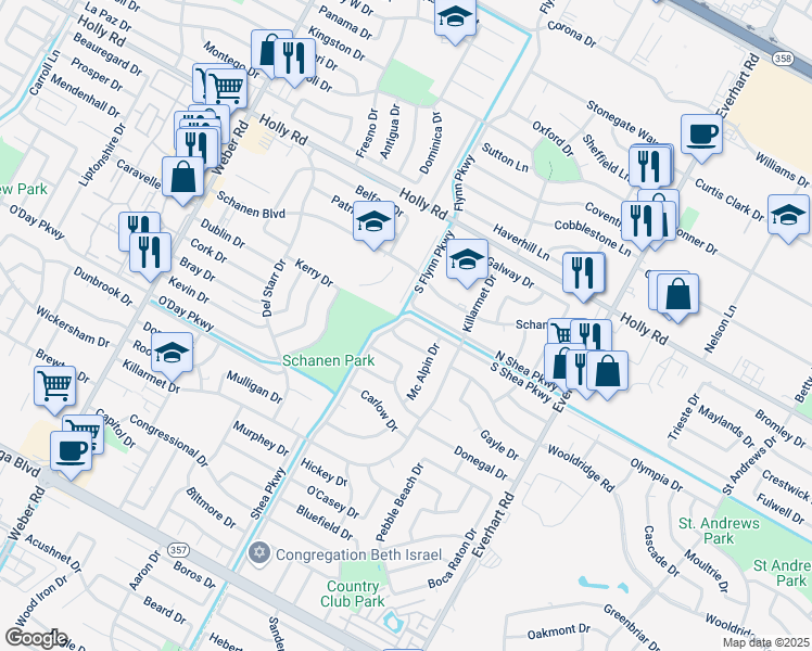 map of restaurants, bars, coffee shops, grocery stores, and more near 4401 South Shea Parkway in Corpus Christi