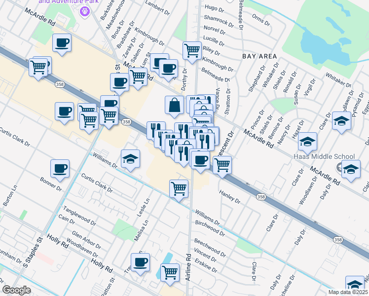 map of restaurants, bars, coffee shops, grocery stores, and more near 5934 S Padre Island Dr in Corpus Christi