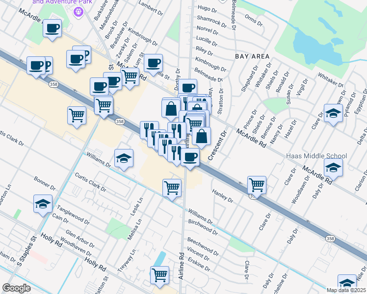 map of restaurants, bars, coffee shops, grocery stores, and more near 5934 South Padre Island Drive in Corpus Christi