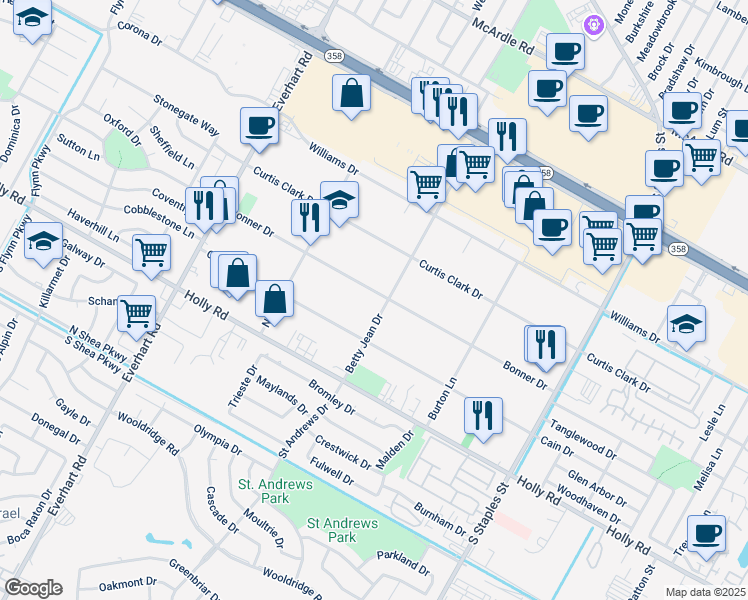 map of restaurants, bars, coffee shops, grocery stores, and more near 5129 Bonner Drive in Corpus Christi