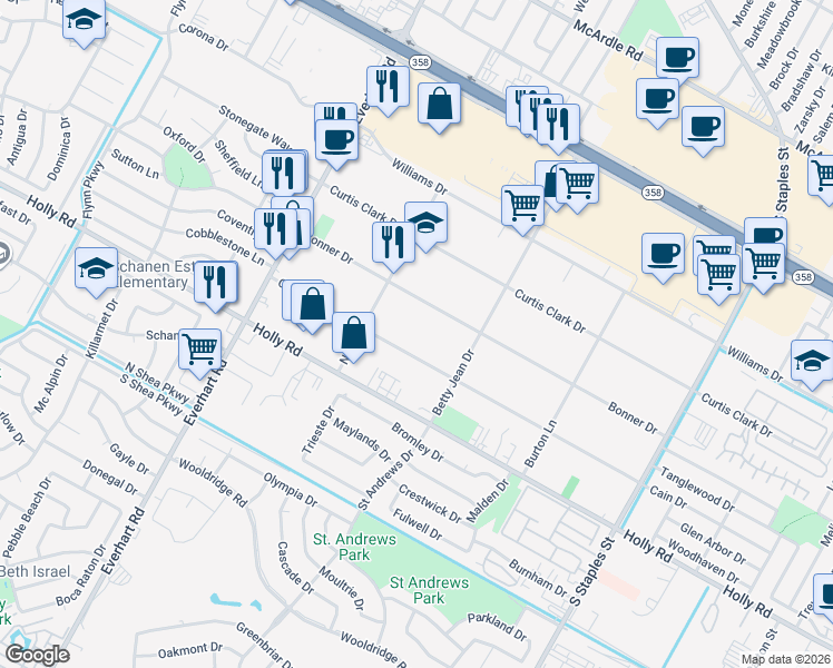 map of restaurants, bars, coffee shops, grocery stores, and more near 5040 Cain Drive in Corpus Christi