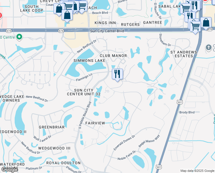 map of restaurants, bars, coffee shops, grocery stores, and more near 622 Chipper Drive in Sun City Center
