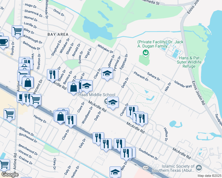 map of restaurants, bars, coffee shops, grocery stores, and more near 1110 Woodlawn Drive in Corpus Christi