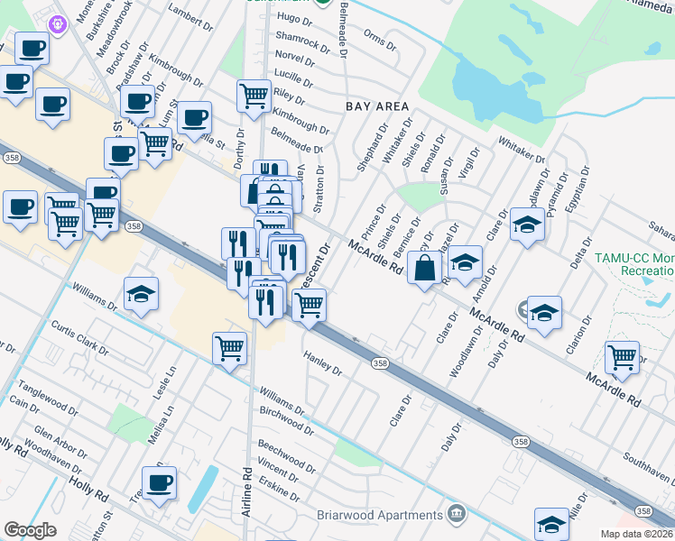 map of restaurants, bars, coffee shops, grocery stores, and more near 1325 Prince Drive in Corpus Christi