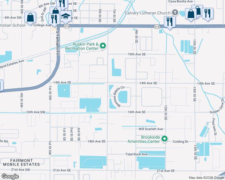 map of restaurants, bars, coffee shops, grocery stores, and more near 1406 Blossom Bayou Circle in Ruskin