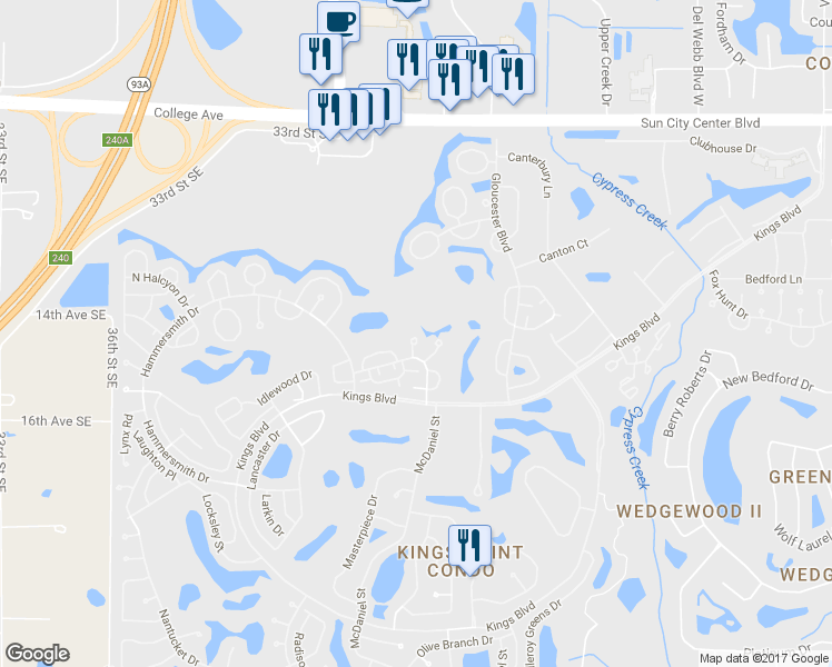 map of restaurants, bars, coffee shops, grocery stores, and more near 2102 Hembury Place in Sun City Center