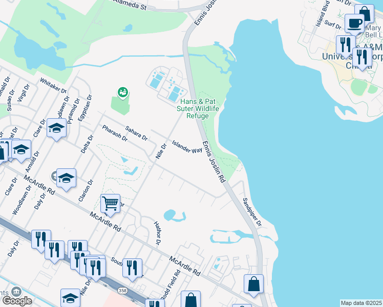 map of restaurants, bars, coffee shops, grocery stores, and more near 7037 Islander Way in Corpus Christi
