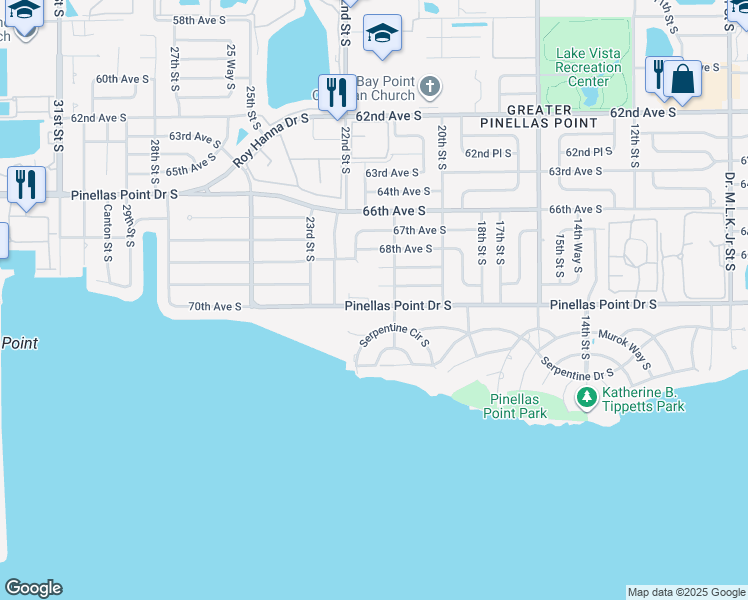 map of restaurants, bars, coffee shops, grocery stores, and more near 2141 Pinellas Point Drive South in St. Petersburg