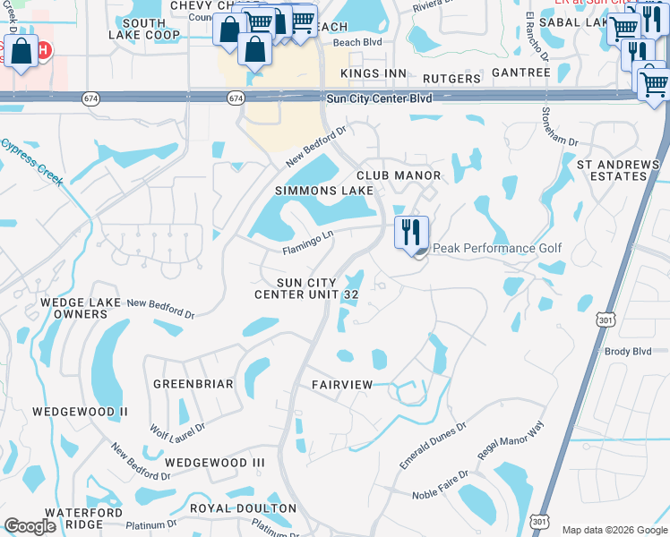 map of restaurants, bars, coffee shops, grocery stores, and more near 1719 South Pebble Beach Boulevard in Sun City Center