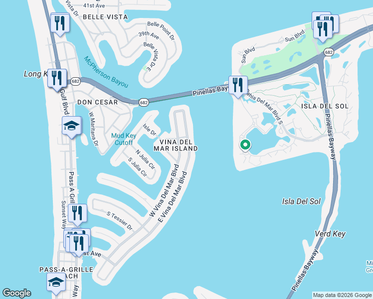 map of restaurants, bars, coffee shops, grocery stores, and more near 2992 East Vina Del Mar Boulevard in St. Pete Beach