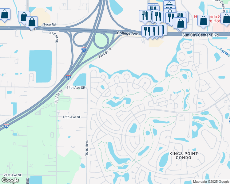 map of restaurants, bars, coffee shops, grocery stores, and more near 2122 Hailstone Circle in Sun City Center