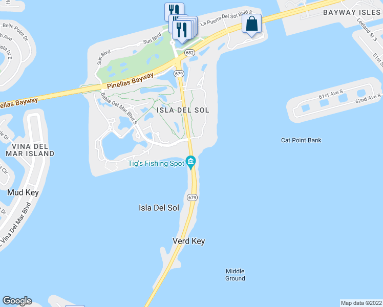 map of restaurants, bars, coffee shops, grocery stores, and more near Pinellas Bayway in St. Petersburg