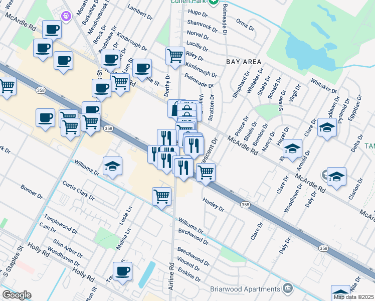 map of restaurants, bars, coffee shops, grocery stores, and more near 1444 Airline Road in Corpus Christi