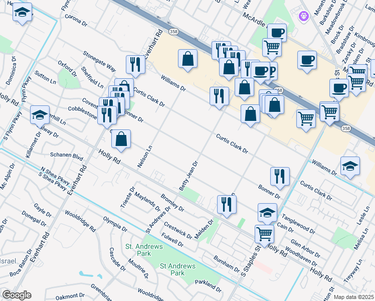 map of restaurants, bars, coffee shops, grocery stores, and more near 5129 Bonner Drive in Corpus Christi