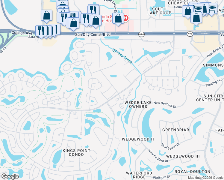 map of restaurants, bars, coffee shops, grocery stores, and more near 402 Dorchester Place North in Sun City Center