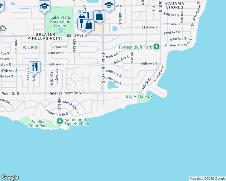 map of restaurants, bars, coffee shops, grocery stores, and more near 801 Pinellas Point Drive South in St. Petersburg