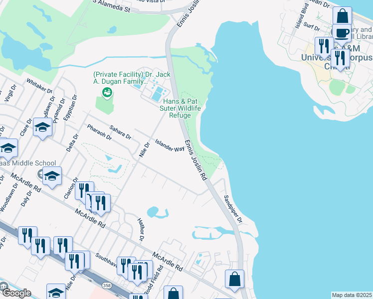 map of restaurants, bars, coffee shops, grocery stores, and more near 7037 Islander Way in Corpus Christi
