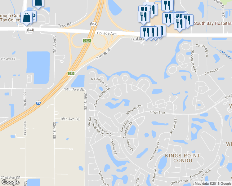 map of restaurants, bars, coffee shops, grocery stores, and more near 2125 Hailstone Circle in Sun City Center