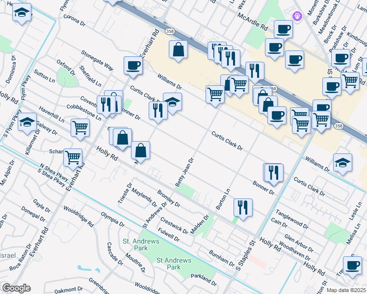 map of restaurants, bars, coffee shops, grocery stores, and more near 5129 Bonner Drive in Corpus Christi