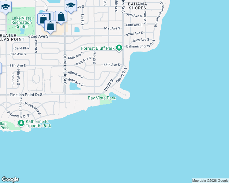 map of restaurants, bars, coffee shops, grocery stores, and more near 340 Colony Point Rd S in St Petersburg