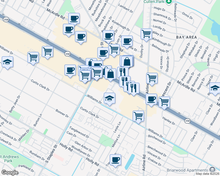 map of restaurants, bars, coffee shops, grocery stores, and more near 1601 East Manor Drive in Corpus Christi