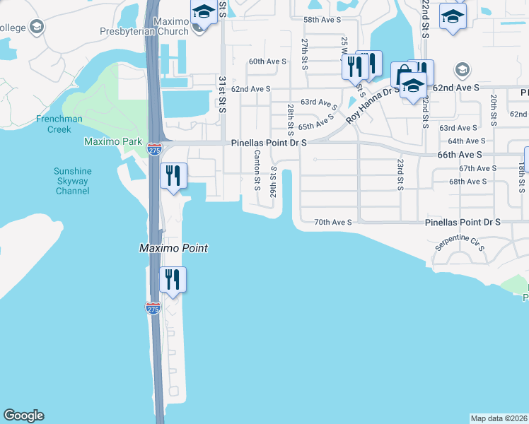 map of restaurants, bars, coffee shops, grocery stores, and more near 2928 68th Avenue South in St. Petersburg