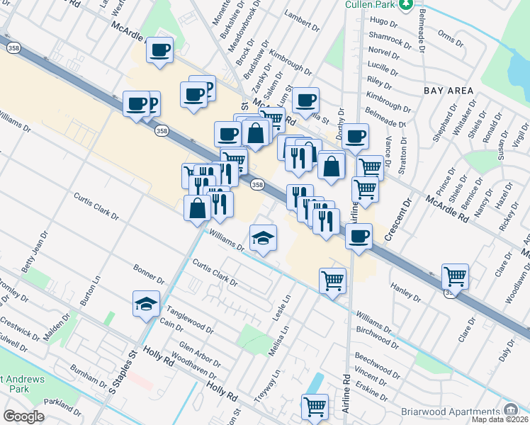 map of restaurants, bars, coffee shops, grocery stores, and more near 1601 East Manor Drive in Corpus Christi