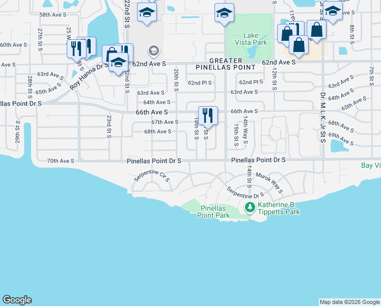 map of restaurants, bars, coffee shops, grocery stores, and more near 1845 Pinellas Point Drive South in St. Petersburg