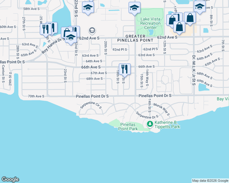 map of restaurants, bars, coffee shops, grocery stores, and more near 1832 69th Avenue South in St. Petersburg