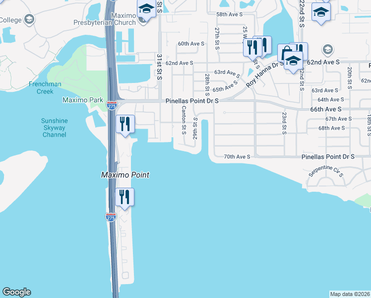 map of restaurants, bars, coffee shops, grocery stores, and more near 2916 68th Avenue South in St. Petersburg