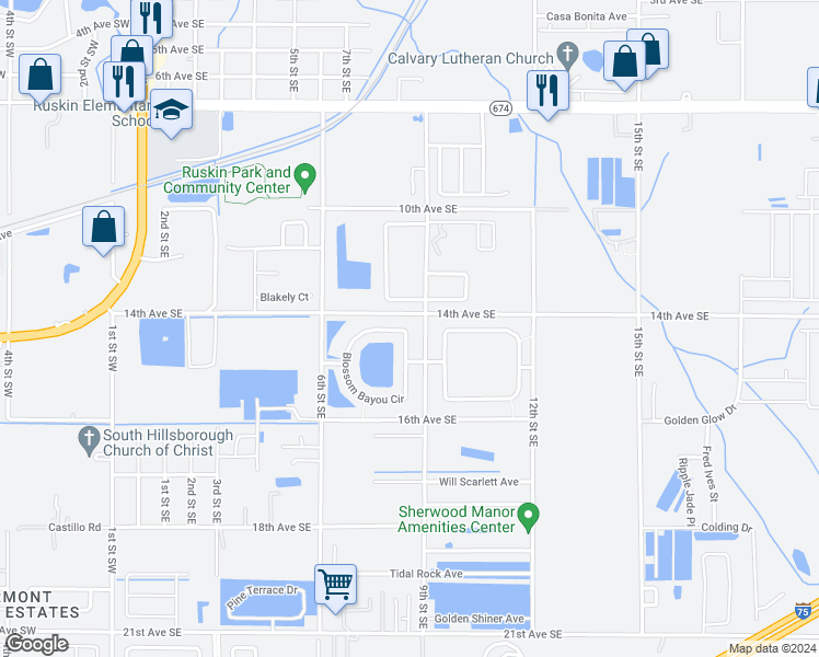 map of restaurants, bars, coffee shops, grocery stores, and more near 1445 Blossom Bayou Circle in Ruskin