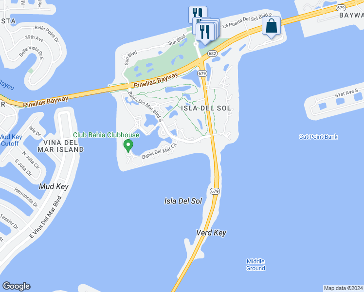 map of restaurants, bars, coffee shops, grocery stores, and more near 6357 Bahia Del Mar Boulevard South in St. Petersburg