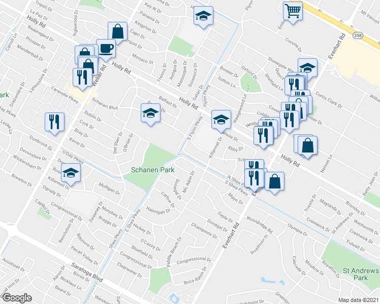 map of restaurants, bars, coffee shops, grocery stores, and more near 4401 South Shea Parkway in Corpus Christi