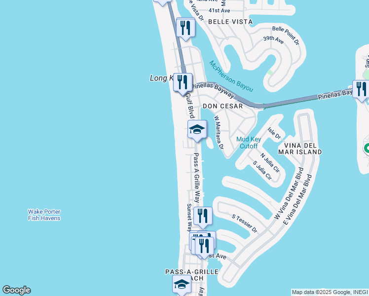 map of restaurants, bars, coffee shops, grocery stores, and more near 105 30th Avenue in St. Pete Beach