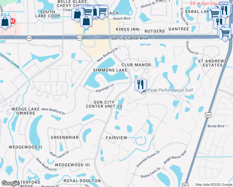 map of restaurants, bars, coffee shops, grocery stores, and more near 1719 South Pebble Beach Boulevard in Sun City Center