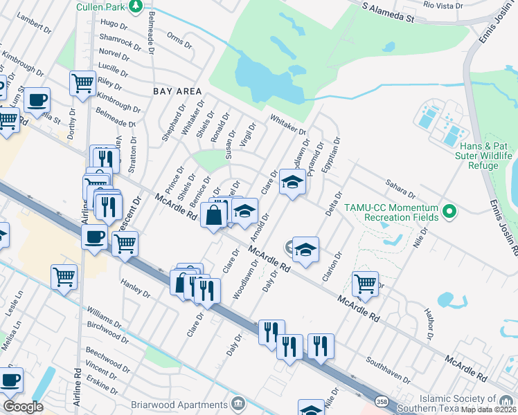 map of restaurants, bars, coffee shops, grocery stores, and more near 1142 Arnold Drive in Corpus Christi