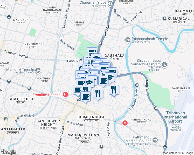map of restaurants, bars, coffee shops, grocery stores, and more near Surya Bikram Gyawali Marg in Kathmandu