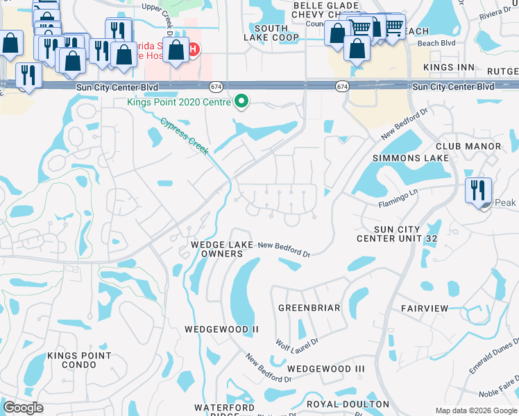 map of restaurants, bars, coffee shops, grocery stores, and more near 1898 Bedford Lane in Sun City Center