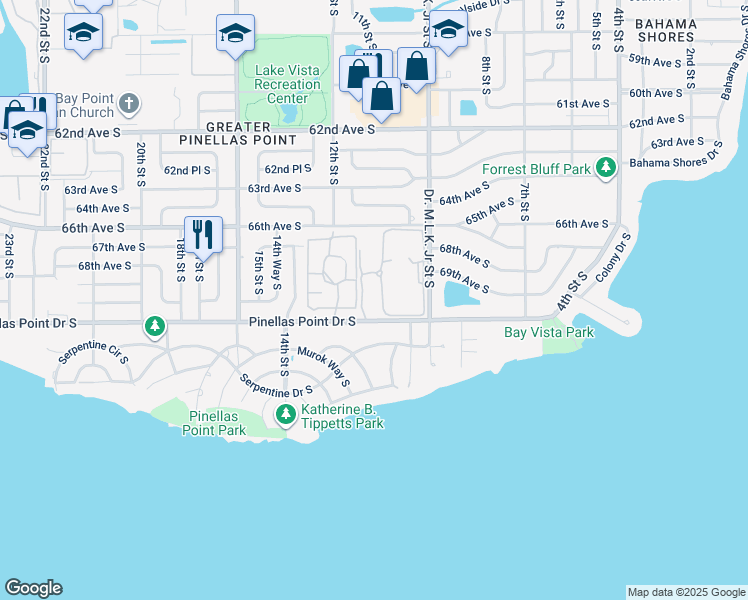 map of restaurants, bars, coffee shops, grocery stores, and more near 1095 Pinellas Point Drive South in St. Petersburg