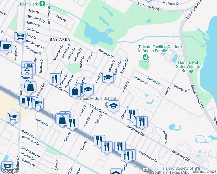 map of restaurants, bars, coffee shops, grocery stores, and more near 1110 Woodlawn Drive in Corpus Christi